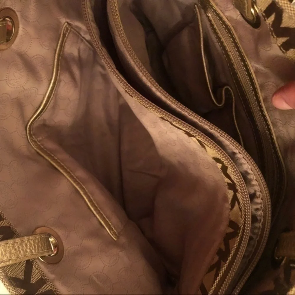 Michael kors signature brown khaki tote bag gold straps